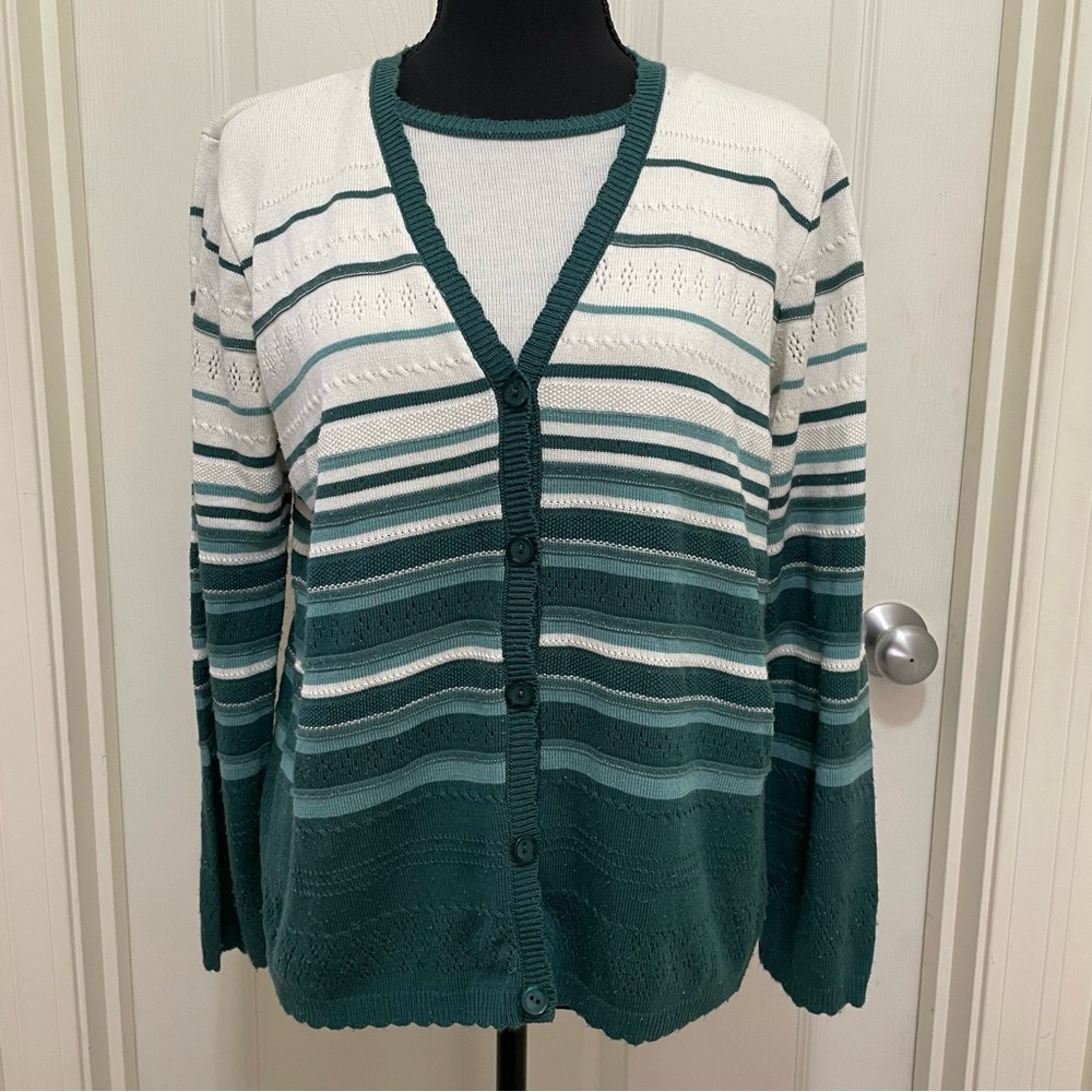 Women's Petite X-Large Draper's & Damon's Green and White Cardigan Sweater PXL